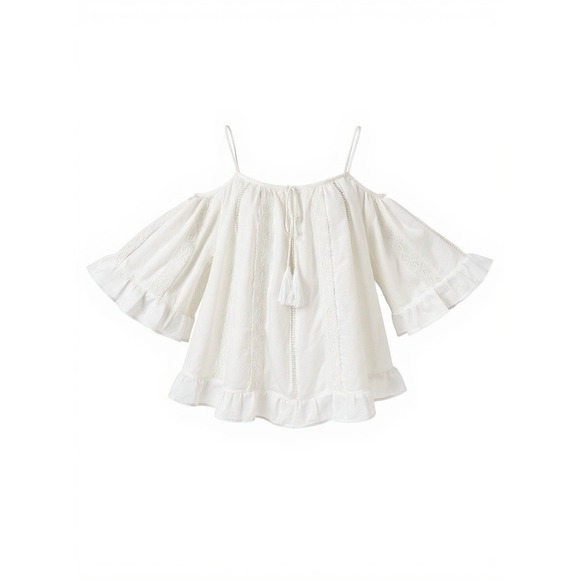 Miss June Paris Blouse Womens White Boho Cold Shoulder Bell‎ Sleeve Lace S/M - Picture 2 of 16